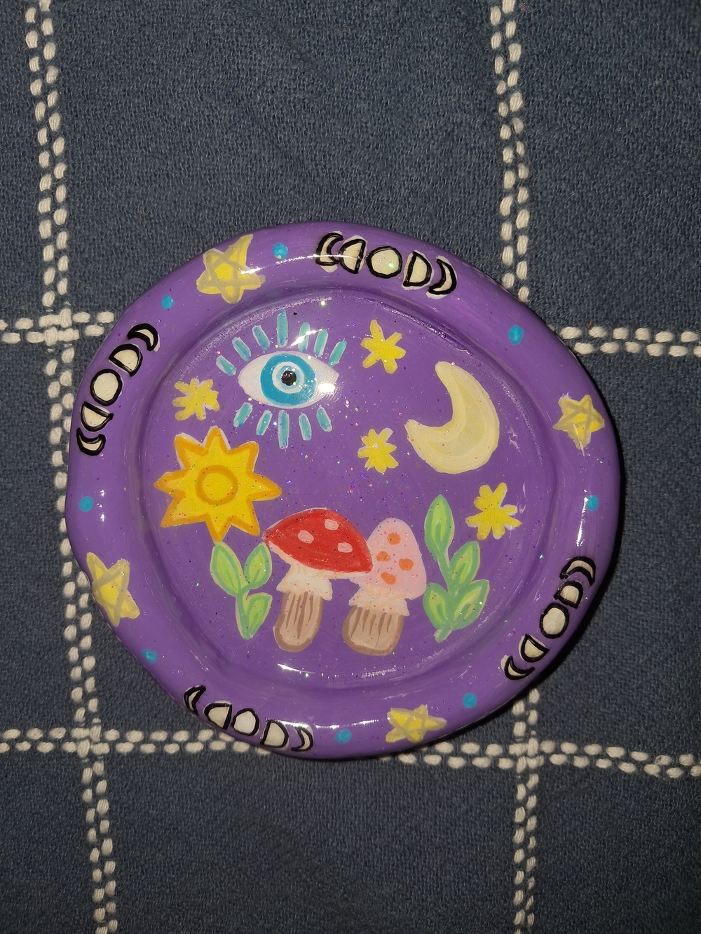 Hand-Painted Purple Ceramic Trinket Dish with Moon, Sun & Mushroom Motif